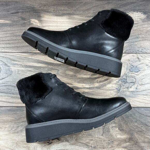 Clarks Leighly Lace 8.5M Black Leather Faux Fur Cuff Comfort Ankle Boots Booties - Picture 6 of 10